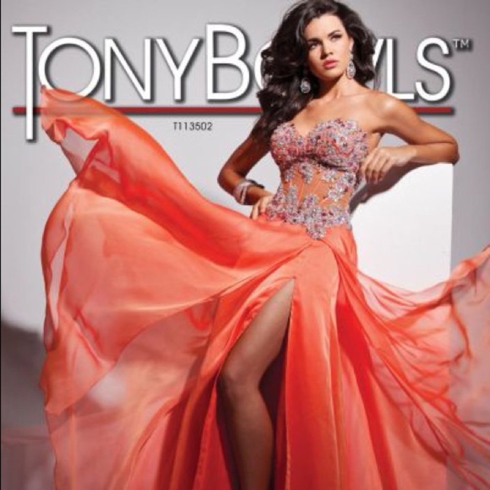 Tony Bowls Coral Orange Beaded Prom Gown